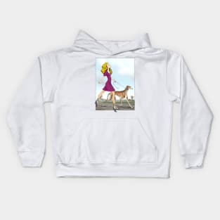 Blonde girl walking her Azawakh. Kids Hoodie